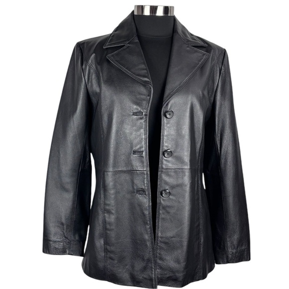 VINTAGE 90S NEW YORK & CO BLACK LEATHER NOTCHED COLLAR BUTTON DOWN BLAZER JACKET - Picture 5 of 13